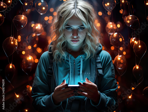 A woman holding a cell phone in front of a string of lights. Generative AI. Esoteric knowledge, conspiracy theories, mystical hidden truth, manipulation of facts.