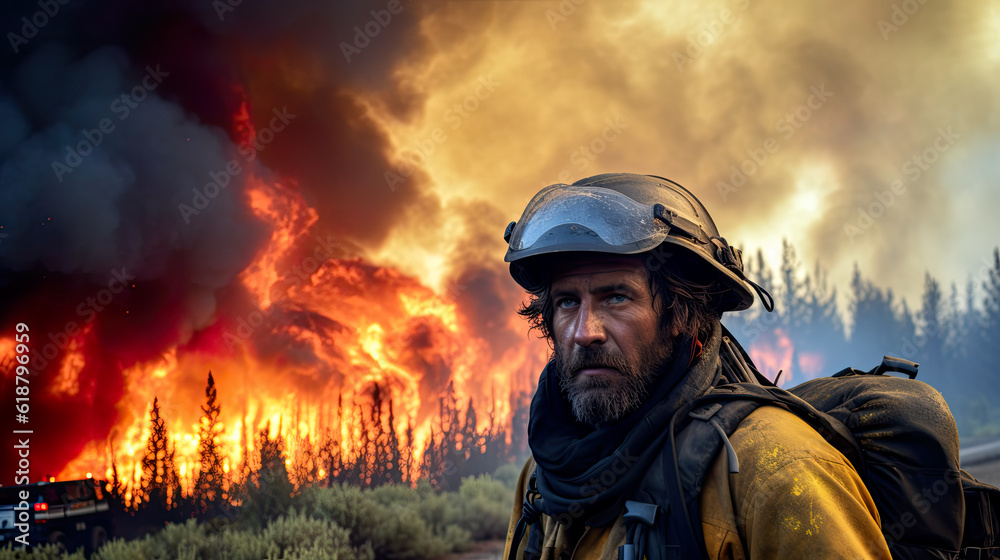 A firefighter standing in front of a forest fire. Generative AI. A wildfire, forest fire, burning forest disaster.