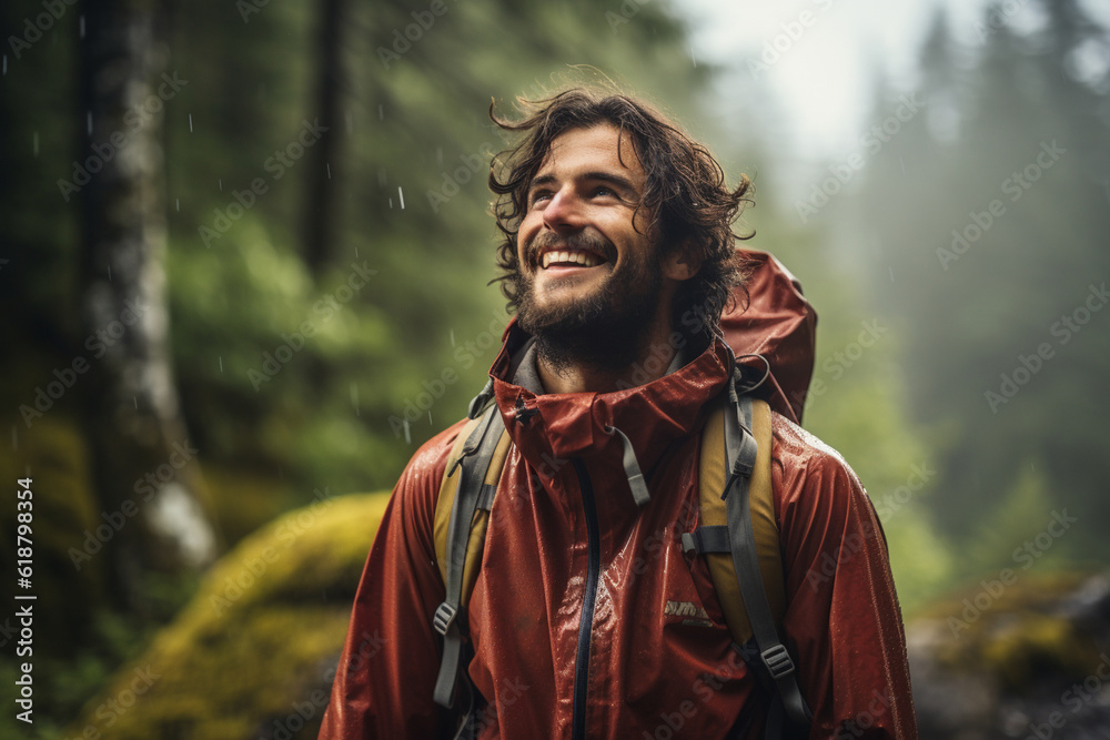 Facing a sudden rainstorm during a hike, a stoic adventurer embraces the unexpected, finding beauty in the raindrops and enjoying the solitude of the moment. Generative AI Facing a sudden rainstorm during a hike, a stoic adventurer embraces the unexpected, finding beauty in the raindrops and enjoying the solitude of the moment. Generative AI