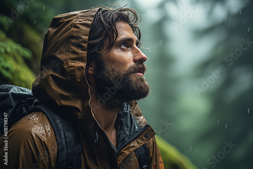 Facing a sudden rainstorm during a hike, a stoic adventurer embraces the unexpected, finding beauty in the raindrops and enjoying the solitude of the moment. Generative AI