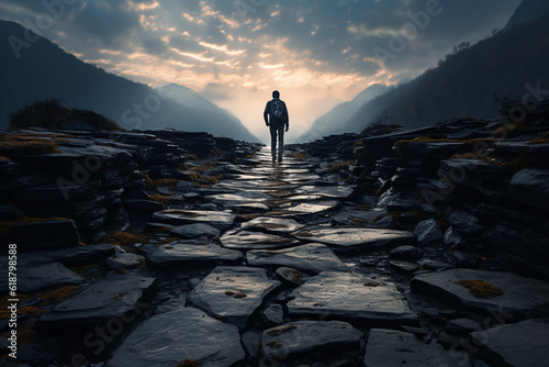 a person walking along a rocky path, with each step demonstrating the stoic philosophy of embracing the journey and finding meaning in the process rather than the outcome. Generative AI
