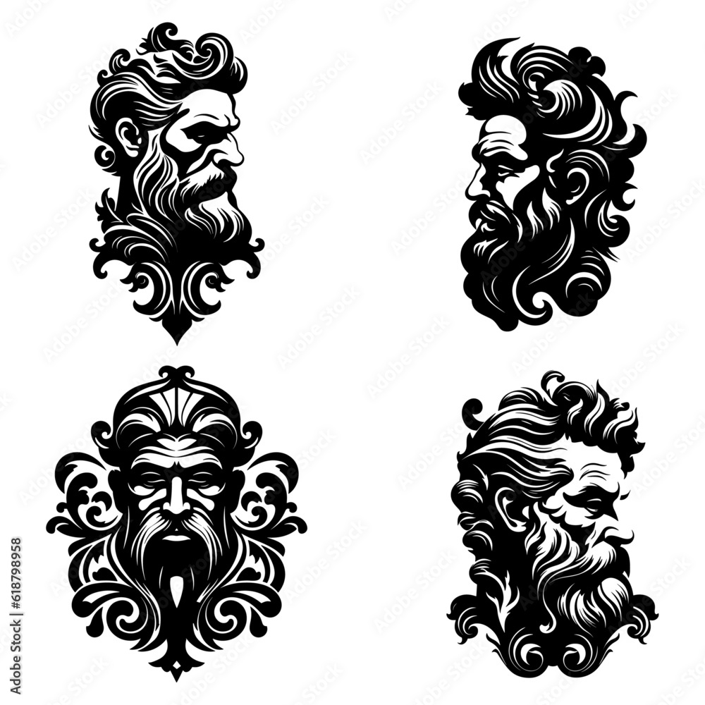 Fototapeta premium Antique Vector Faces of Bearded Men, set, black, transparent