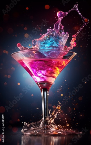 Cocktail in glass with splashes with a dark background. Generative AI.
