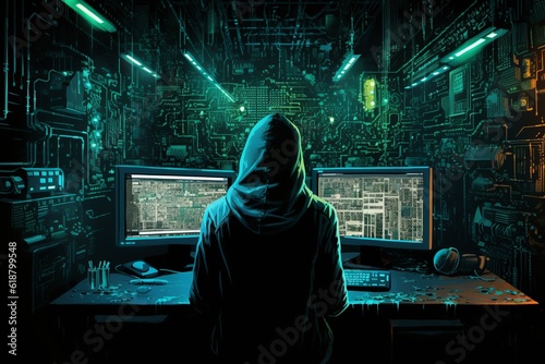 Hooded Hacker Surrounded by Monitors. Generative AI.