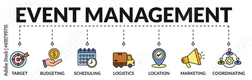 Banner of event management web vector illustration concept with icons of target, budgeting, scheduling, logistics, location, coordinating