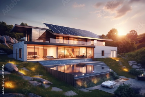 A captivating image of a modern home adorned with solar panels, bathed in sunlight, showcasing the homeowner's conscious choice to embrace renewable energy. © Mariia