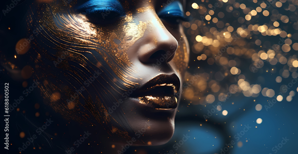 Golden Face With Golden Droplets in The Background Golden Face With Golden Droplets in The Background