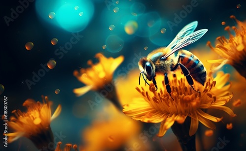 Bee collecting pollen at yellow flower. Bee flying over the orange flower in blur background. Generative AI.