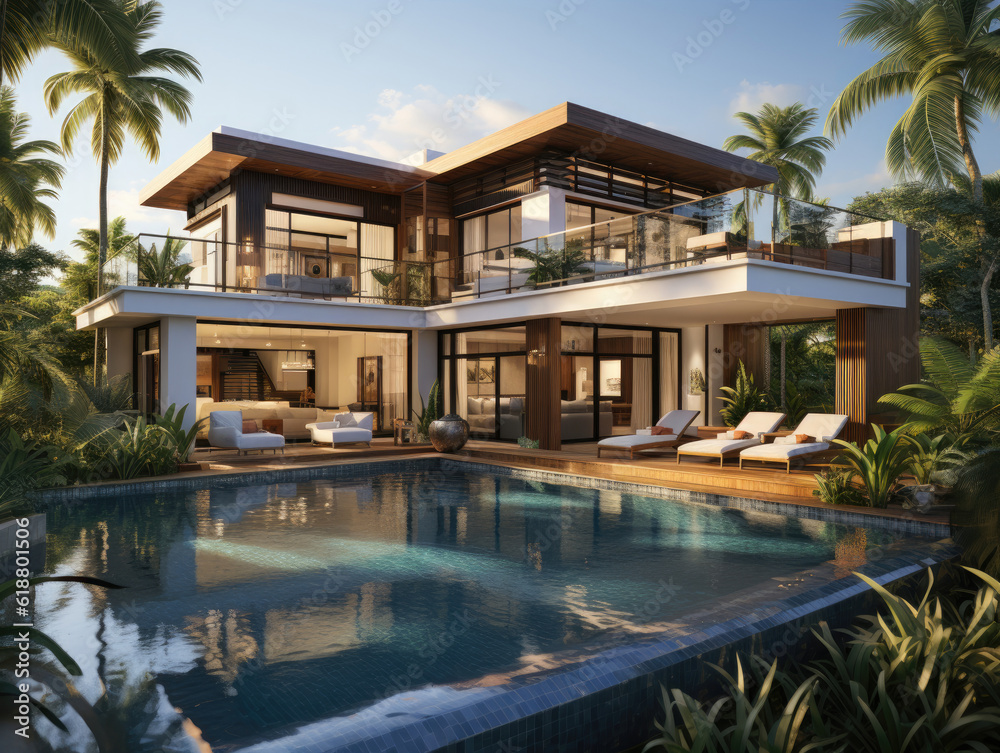 Tropical Summer Luxury Villa With Swimming, Mockups Design 3D, High-quality Mockups, Generative Ai