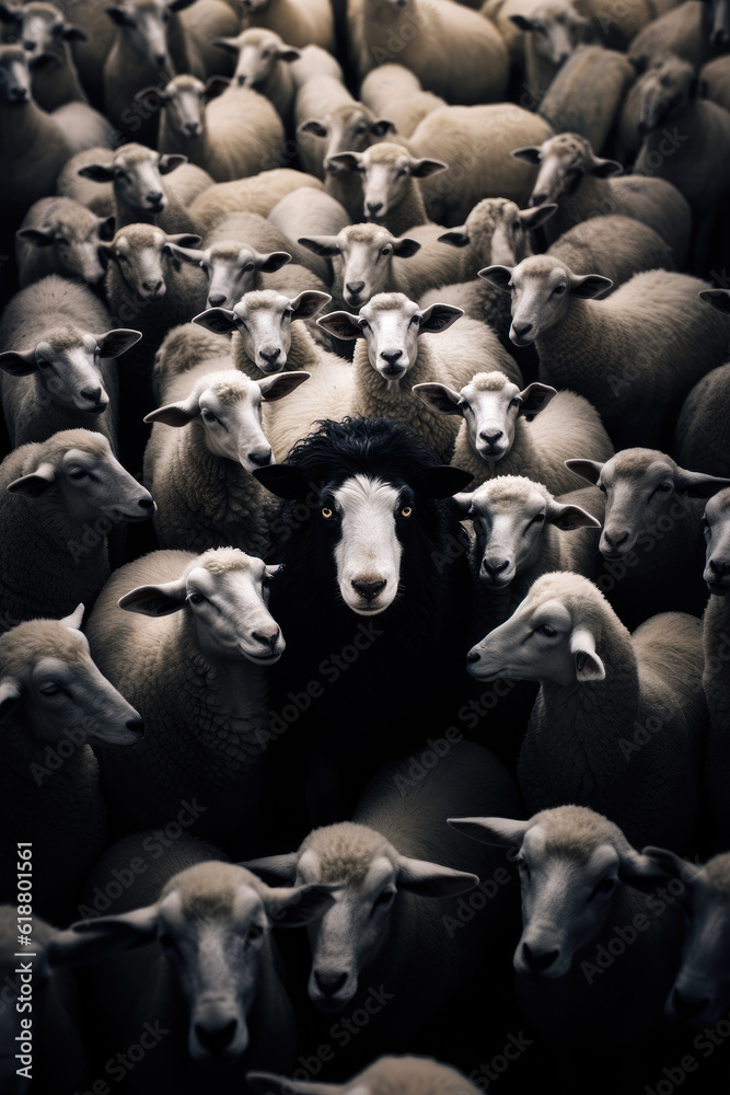 Fototapeta premium Black sheep standing out of crowd/flock of white sheep, emphasizing uniqueness, ingenuity, creativity. Generative AI. 