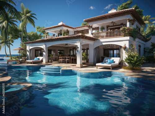 Tropical Summer Luxury Villa With Swimming, Mockups Design 3D, High-quality Mockups, Generative Ai