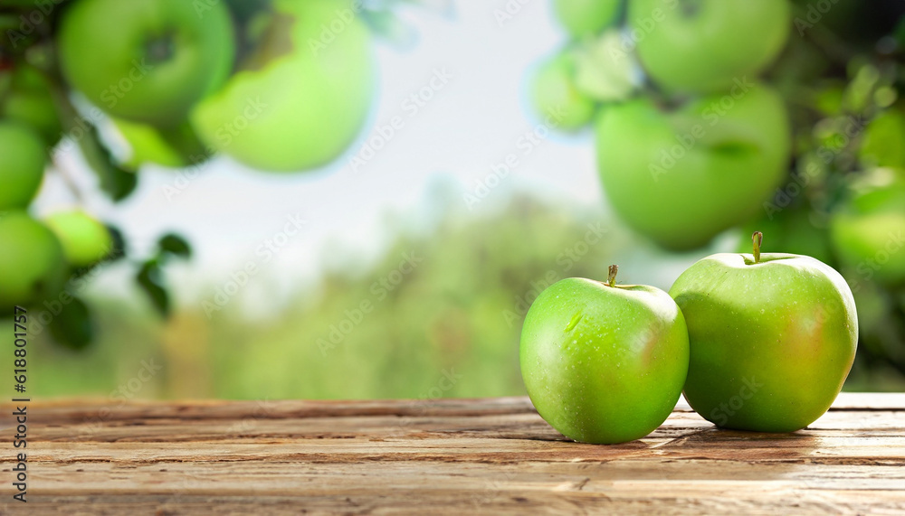 Wooden table with green apples fruits and free space on nature blurred background.
