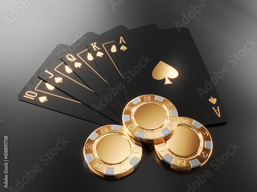 Black and Gold Playing Cards with Royal Flush and Golden Casino Chips. Online casino, Gambling, Poker concept. 3d rendering