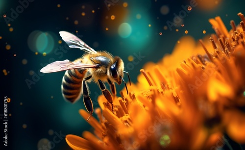 Bee and flower. Close up of a large striped bee collects honey on a yellow flower on a Sunny bright day. Macro horizontal photography. Summer and spring backgrounds. Generative AI. © TrueAI