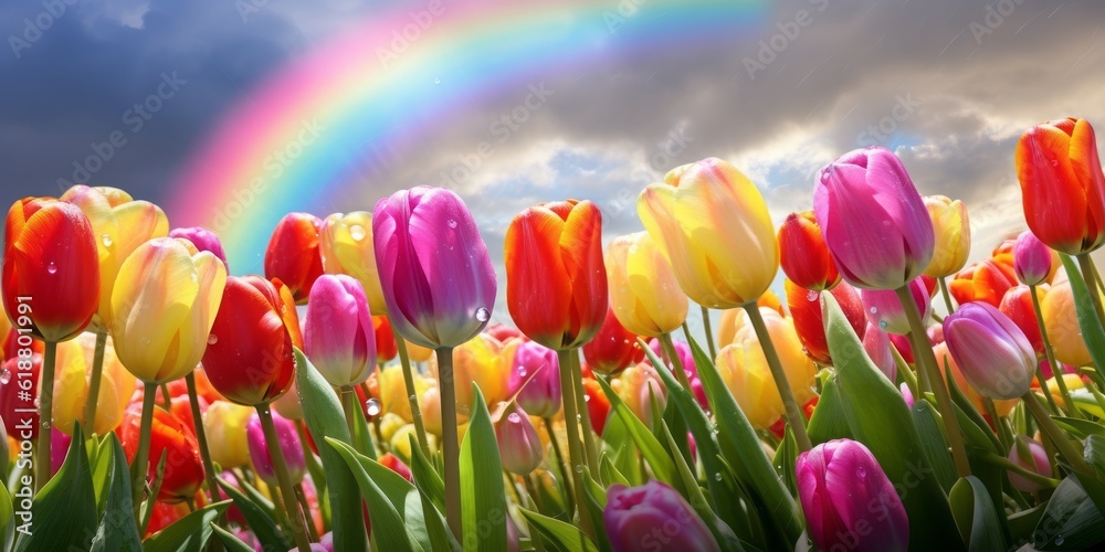 A mesmerizing kaleidoscope of tulips dances in a rainbow garden, blessed by a gentle rain shower, Generative AI.