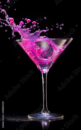Pink cocktail in glass with splashes with a dark background. Generative AI.