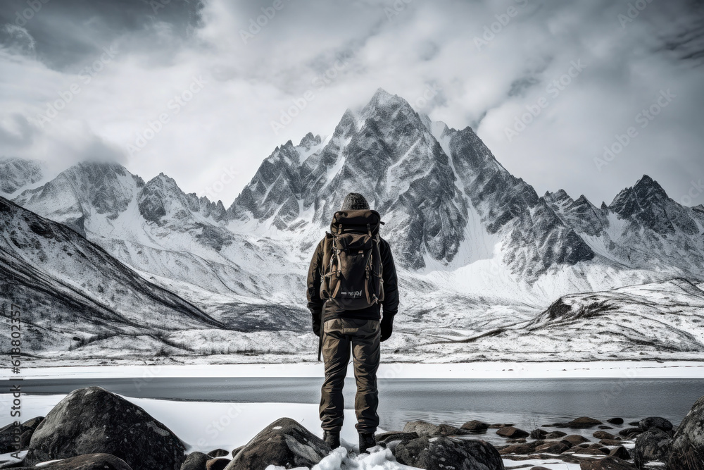 a man with a tourist backpack stands in front of the snow-capped mountains , AI generated
