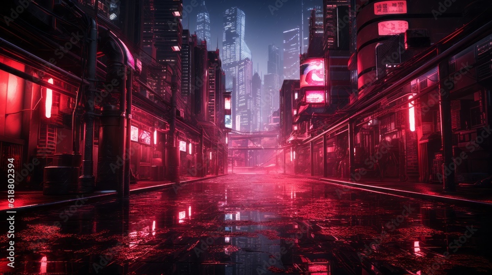Neon-lit Cyberpunk Cityscape: Futuristic Japanese Metropolis in the Rain. Generative AI.