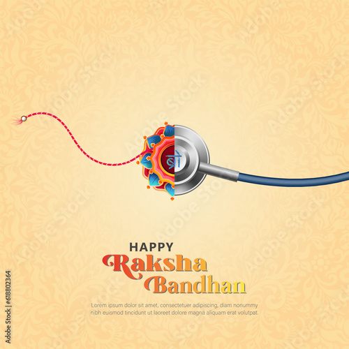 Indian festival Raksha Bandhan creative medical post concept. stethoscope and Rakhi colorful Background