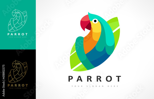 Parrot bird logo. Tropical bird. Wild animal. Multicolored parrot design illustration.