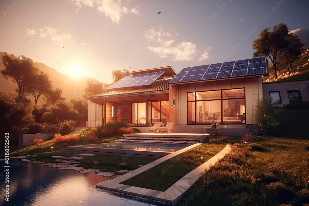 A vibrant artwork showcasing a solar-powered home with sleek solar panels on its roof, radiating a warm and inviting atmosphere