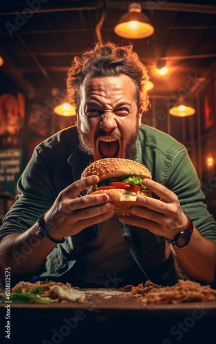 A hungry man devours a big juicy cheeseburger