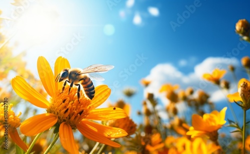 Bee collecting pollen at yellow flower. Bee flying over the yellow flower in blur background. Generative AI. © TrueAI