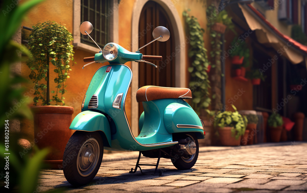 Old italian scooter on a beautiful italian streets. Generative AI.
