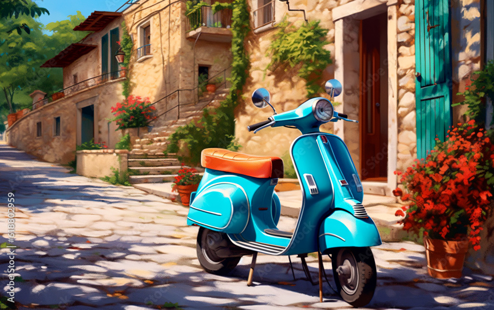 Old italian scooter on a beautiful italian streets. Generative AI.