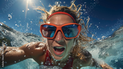 a person swimming in the pool with goggles 