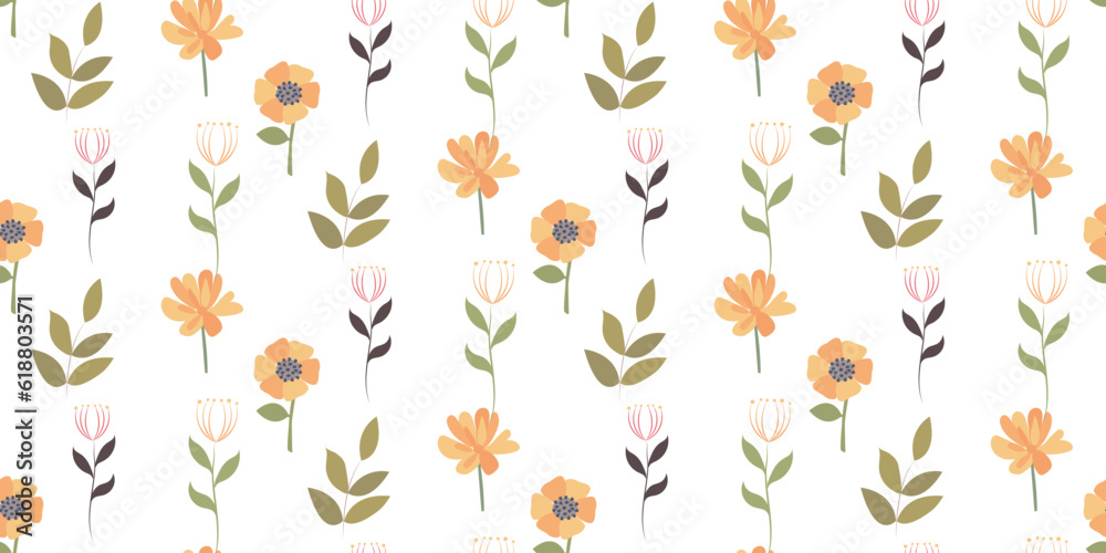 Seamless botanical childish pattern with orange flowers and luscious green foliage. Great for printing on fabric and paper. decor for textiles. Seamless botanical childish pattern with orange flowers and luscious green foliage. Great for printing on fabric and paper. decor for textiles.