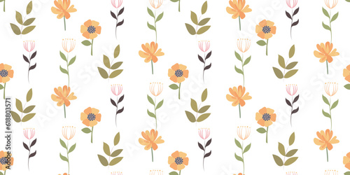 Seamless botanical childish pattern with orange flowers and luscious green foliage. Great for printing on fabric and paper. decor for textiles. © Zhanna