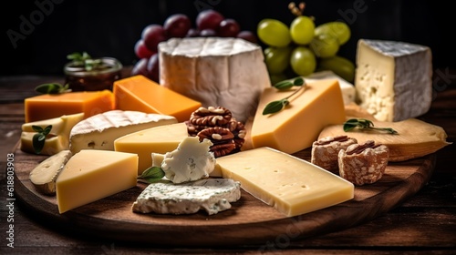 Different types of cheeses on a rustic table, Generative AI