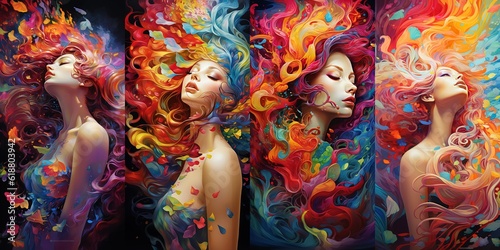 art illustration of beautiful fantasy woman rainbow hair swirl in wind portrait collection set, Generative Ai