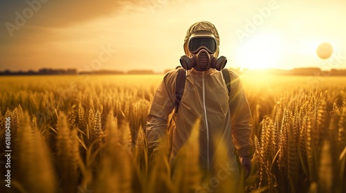 Person in a hazmat suit and gas mask standing in a wheat filed. Concept of pesticide usage. Generative AI