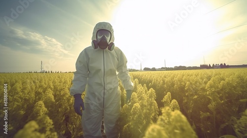 Person in a hazmat suit and gas mask standing in a wheat filed. Concept of pesticide usage. Generative AI