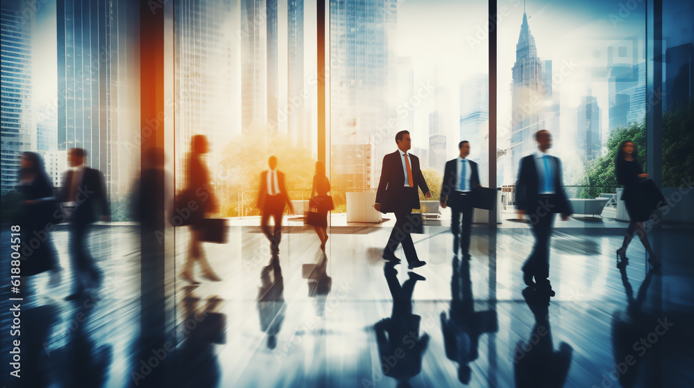 Modern office interior with busy business people walking around. Crowd ...