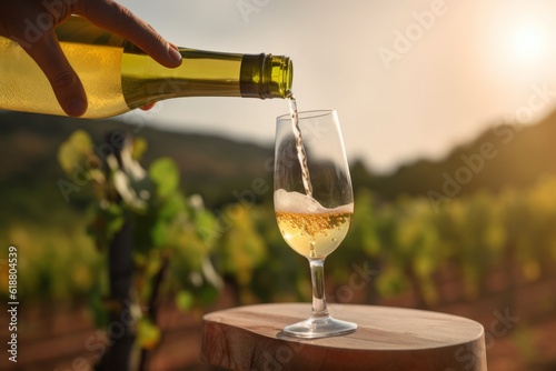 white wine from a bottle is poured into a glass on the background of vineyards .generative ai. photo