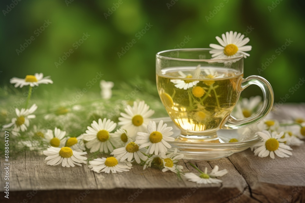 chamomile tea. Healthy chamomile tea is poured into a glass cup. A teapot, a bundle of heather and a glass jar of chamomile medicinal herbs. generative ai. chamomile tea. Healthy chamomile tea is poured into a glass cup. A teapot, a bundle of heather and a glass jar of chamomile medicinal herbs. generative ai.
