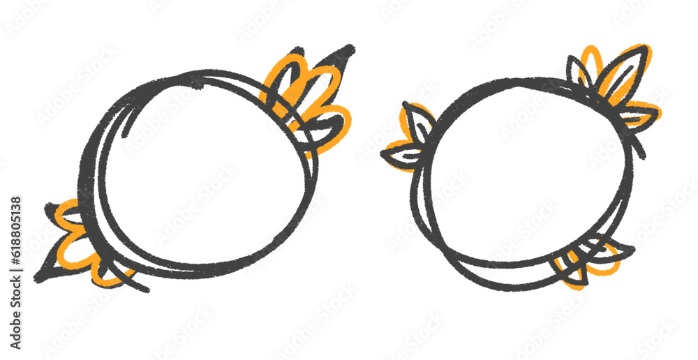Round frames with leaves. Circular hand drawn frames for text with pencil texture. Round frames with leaves. Circular hand drawn frames for text with pencil texture.
