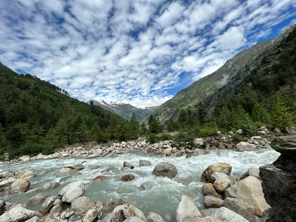 A serene view of the natural landscape of Harsil Valley, seated on the bank of River Bhagirathi A serene view of the natural landscape of Harsil Valley, seated on the bank of River Bhagirathi