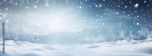 Winter background featuring sparkling falling snow against a dark blue sky, with the pristine white snowdrifts adding to the serene atmosphere. Created with Generative AI technology © mafizul_islam