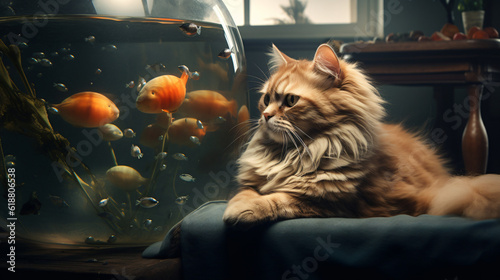 a photorealistic full detailed cat is watching fishes that swim in a huge aquarium