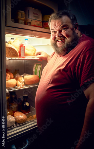 An overweight man has a late night snack, stands in front of the open refrigerator and looks ruddy and smiling photo