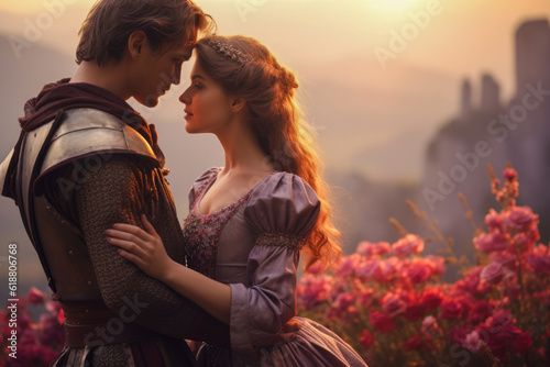 Photo Romantic medieval fantasy princess in love and her lover knight in shining armour embracing, against a backdrop of a castle and blooming flowers