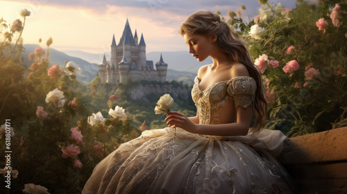 A daydreaming, fantasy princess with lush hair, adorned in a lovely dress, immersed in thoughts of her knight in shining armor, amidst a scenic backdrop of mountains, a castle, blooming flowers