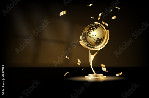3d realistic vector golden cup isolated on black background. Championship trophy surrounded by falling confetti. Sports tournament award