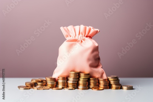 money bag pink with gold coins Generative AI photo