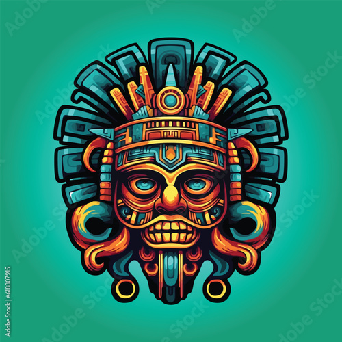 Aztec god face logo mexican ornament