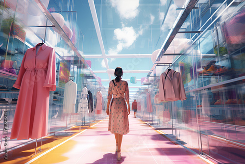 Generative AI. metaverse universe, virtual reality and digital avatars concept. girl chooses clothes in virtual shopping in pink and blue colors.  photo